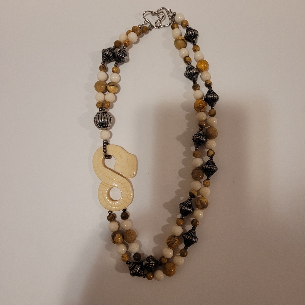 Vintage Double Strand Tan and White Stone Bead Necklace with Carved Snake